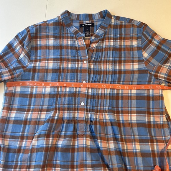 Land's End Women's Flannel Tunic Top‎ 14 Blue Plaid Pintuck Loose Flowy Roll Tab - Picture 9 of 11